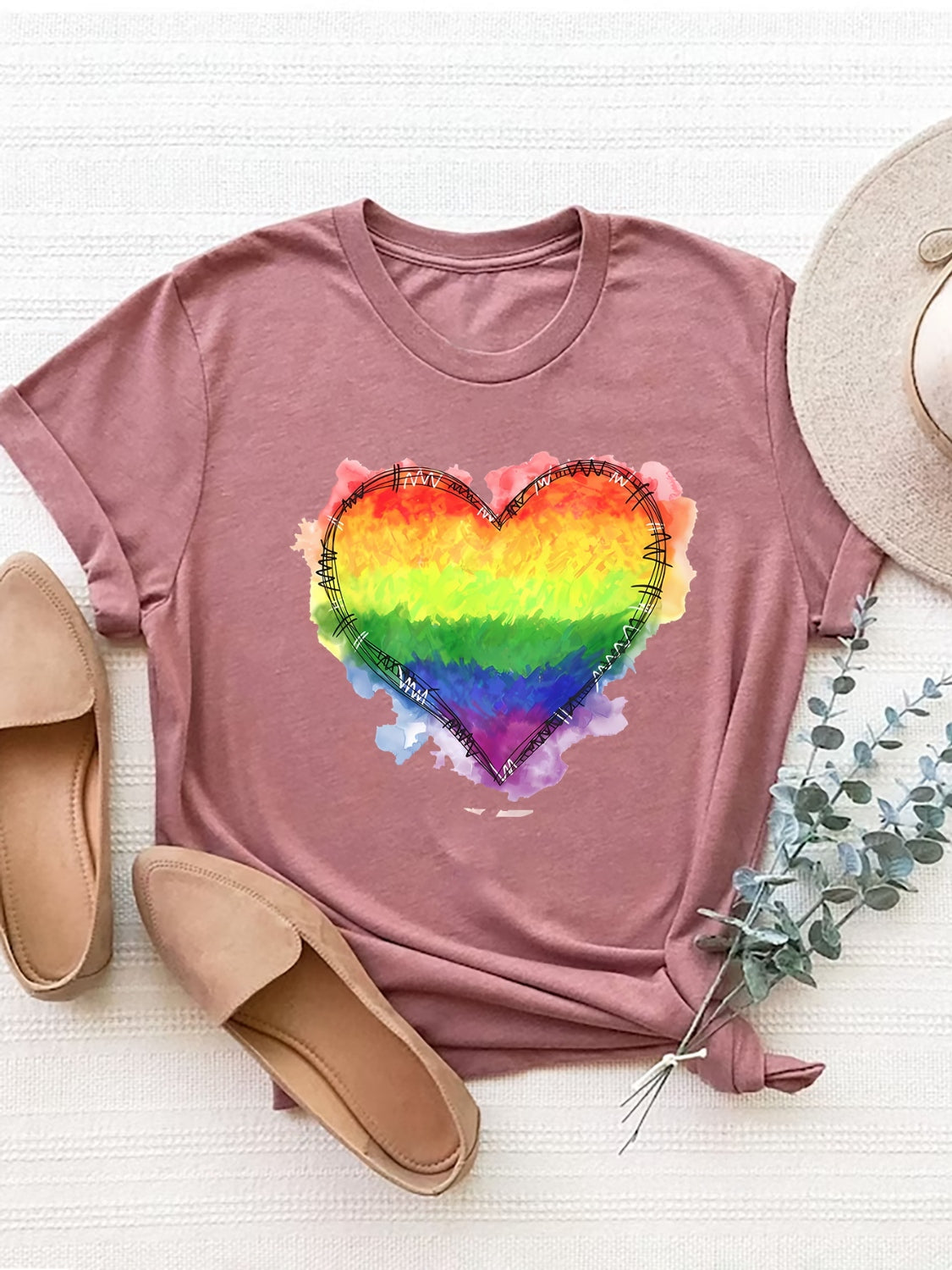 LGBT_Pride-Heart Graphic Round Neck Short Sleeve T-Shirt - Rose Gold Co. Shop