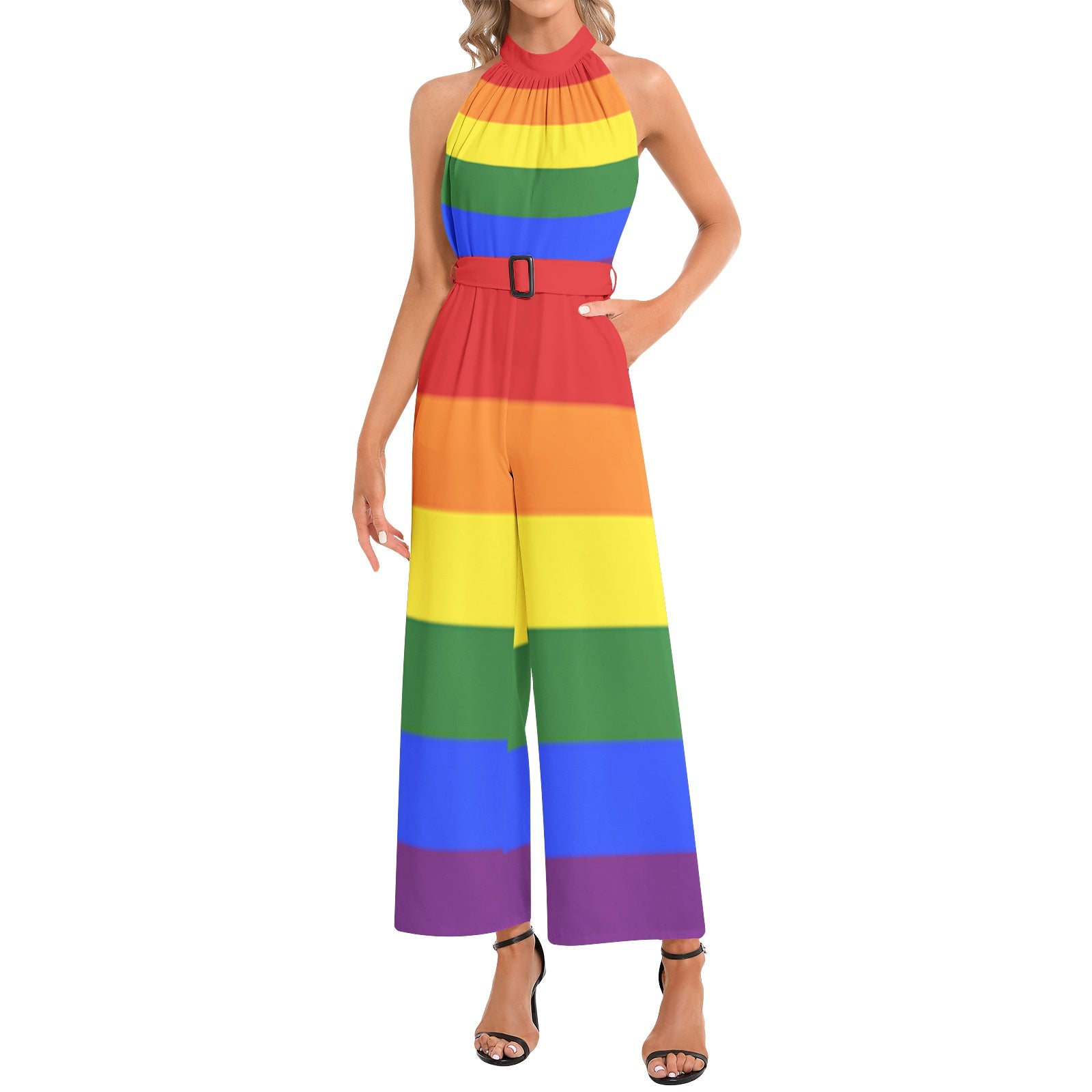 LGBT_Pride-Halter Neck Buckle Belted Jumpsuit - Rose Gold Co. Shop