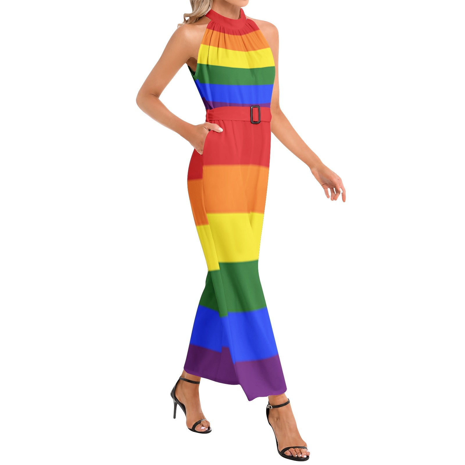 LGBT_Pride-Halter Neck Buckle Belted Jumpsuit - Rose Gold Co. Shop