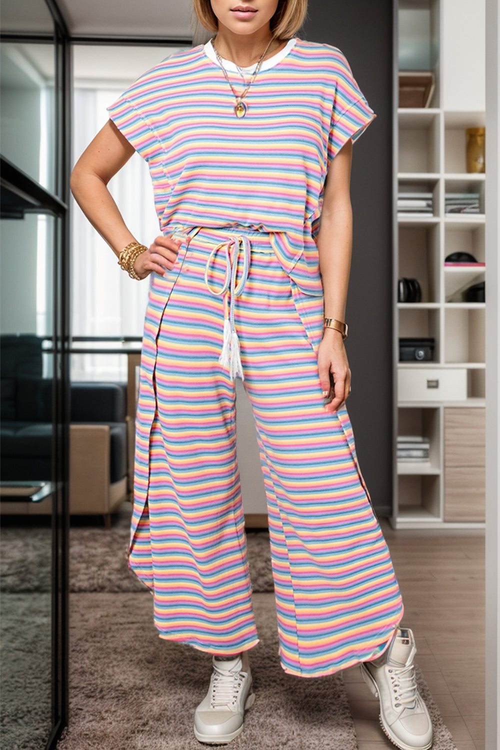 LGBT_Pride-Striped Round Neck Top and Drawstring Pants Set - Rose Gold Co. Shop