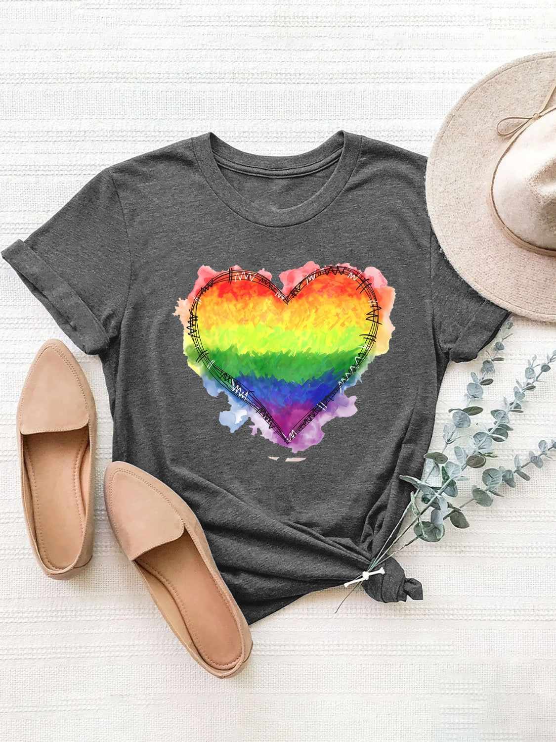 LGBT_Pride-Heart Graphic Round Neck Short Sleeve T-Shirt - Rose Gold Co. Shop