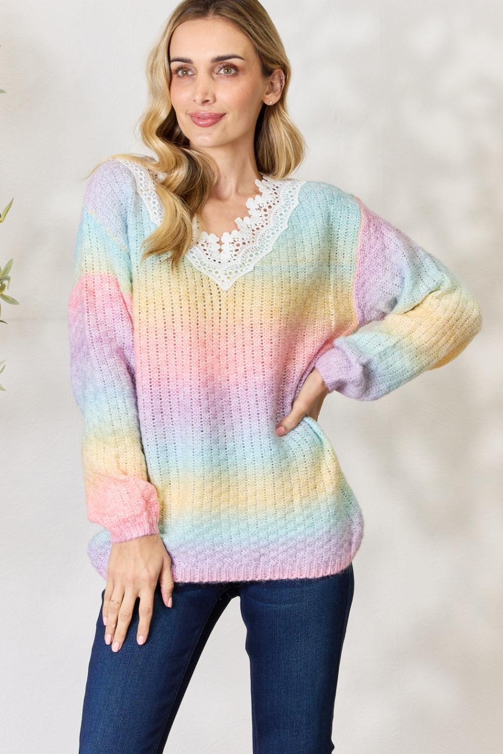 LGBT_Pride-BiBi Rainbow Gradient Crochet Deetail Sweater - Rose Gold Co. Shop