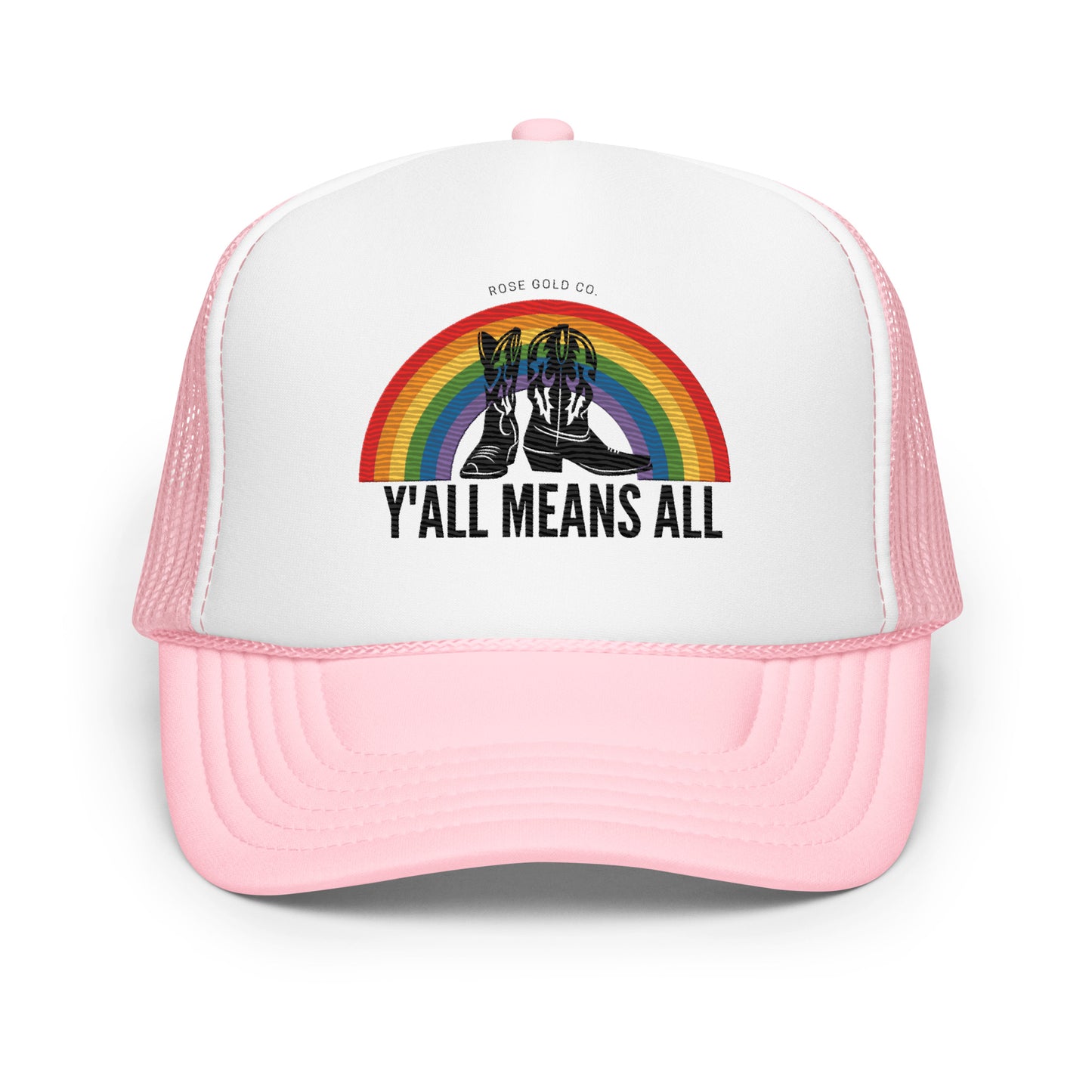 LGBT_Pride-Y'all Means All Premium Embroidered Trucker hat - Rose Gold Co. Shop