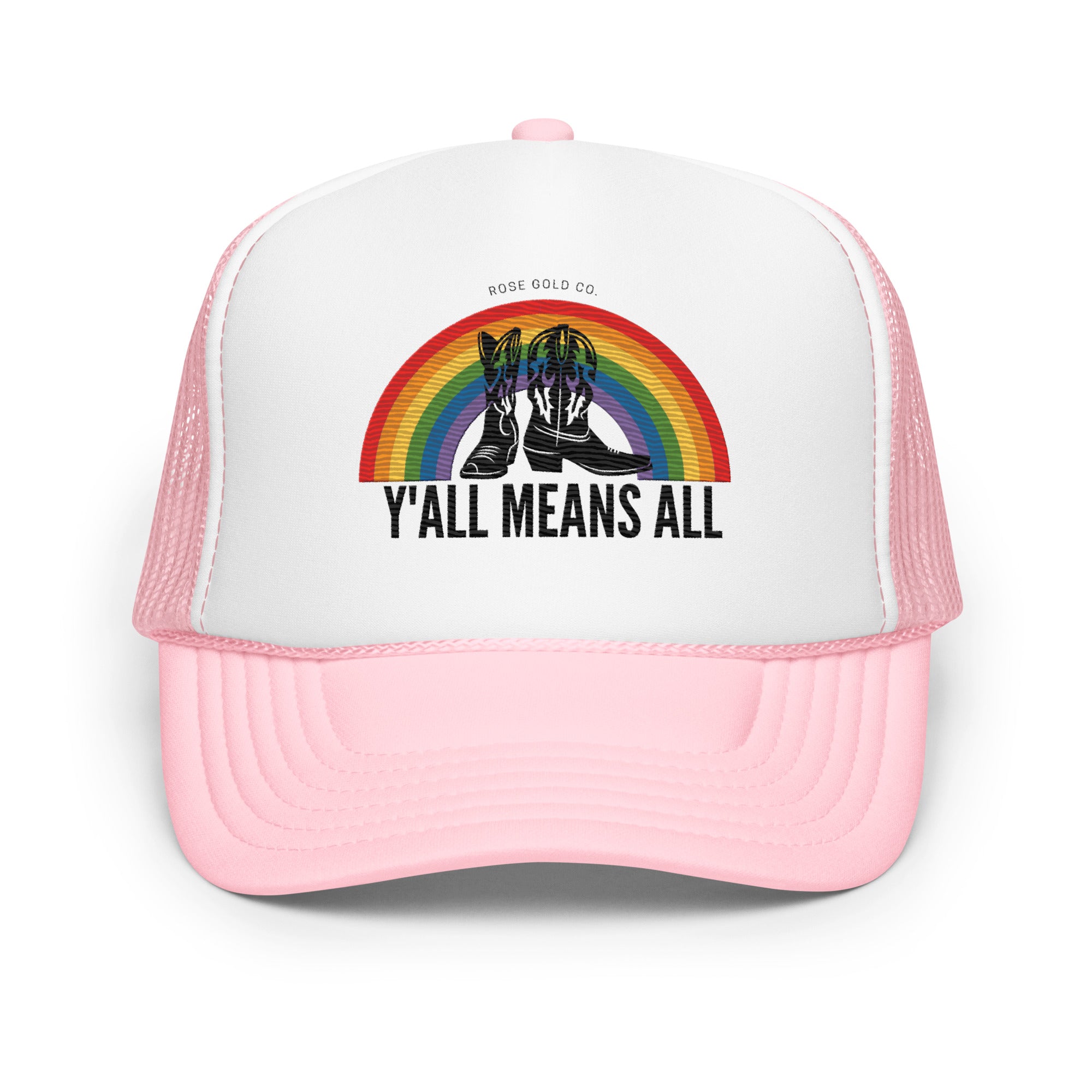 LGBT_Pride-Y'all Means All Premium Embroidered Trucker hat - Rose Gold Co. Shop