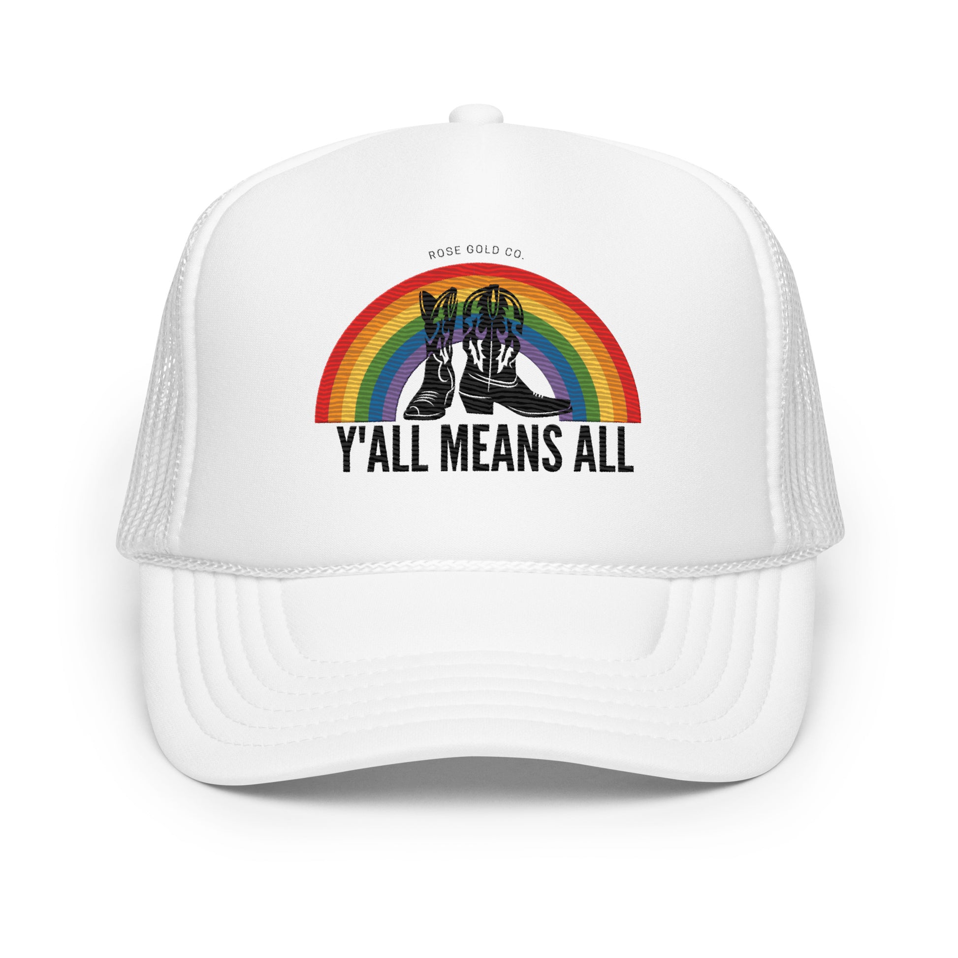 LGBT_Pride-Y'all Means All Premium Embroidered Trucker hat - Rose Gold Co. Shop