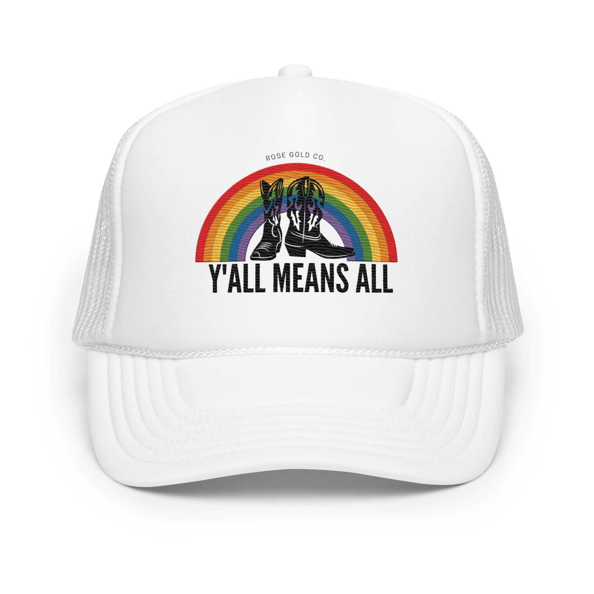 LGBT_Pride-Y'all Means All Premium Embroidered Trucker hat - Rose Gold Co. Shop