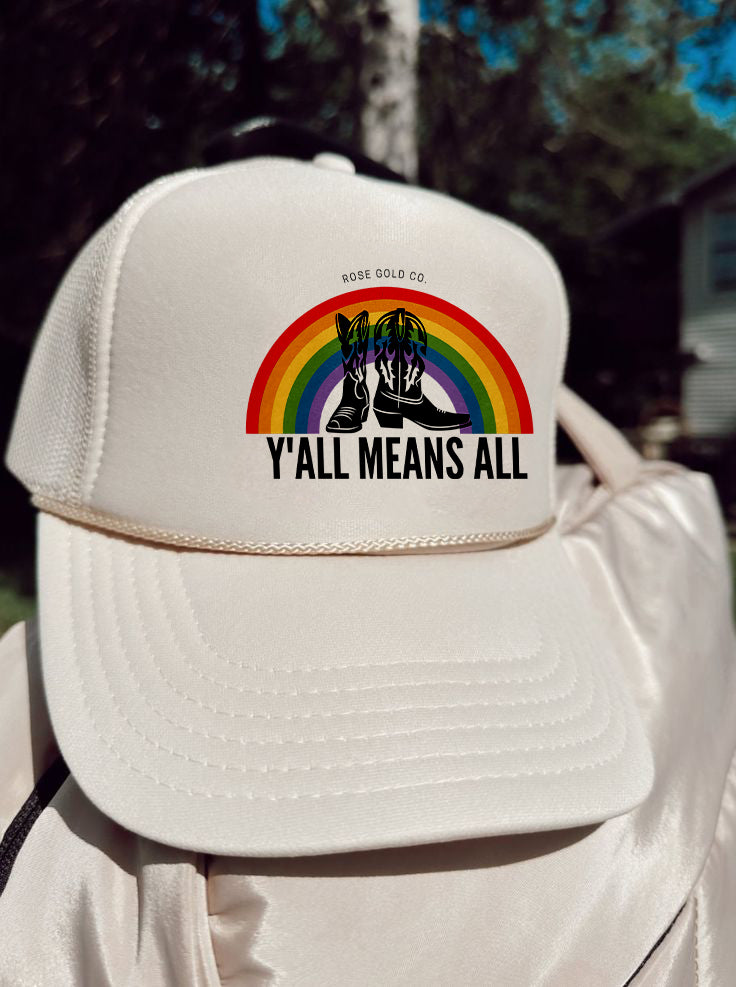 LGBT_Pride-Y'all Means All Premium Embroidered Trucker hat - Rose Gold Co. Shop